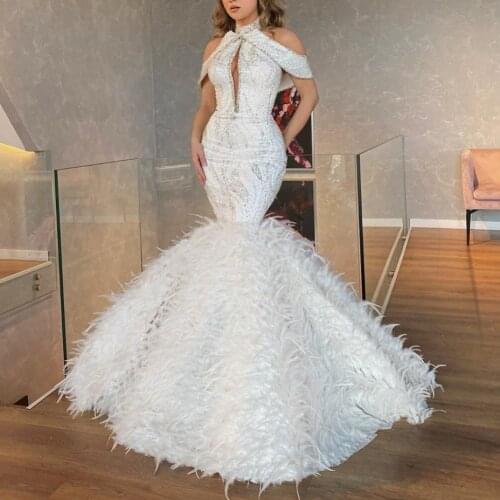 New Arrival Bridal Dresses Mermaid Beading With Feathers Halter Neck Sexy Bride Special Occasion Long Bride Gowns