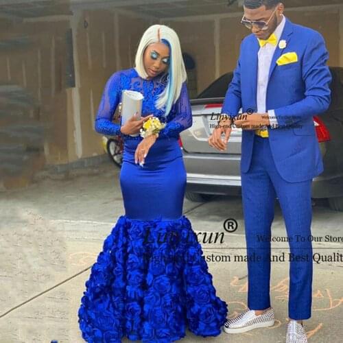 Royal Blue Long Sleeves Prom Dresses Mermaid High Neck Floor Length Sexy African Formal Evening Gowns With Appliques Flowers
