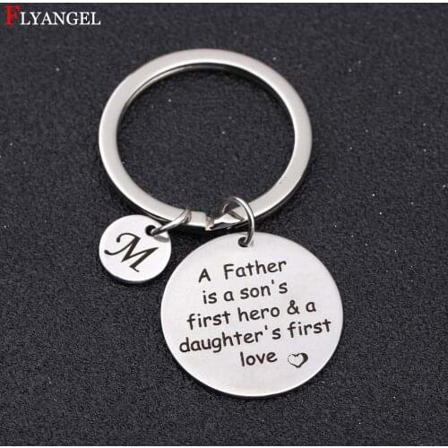 Custom A-Z 26 Initials Letter Keyring Engrave A Father is a sons first hero For Men Women Fathers Day Birthday Keychain Gifts