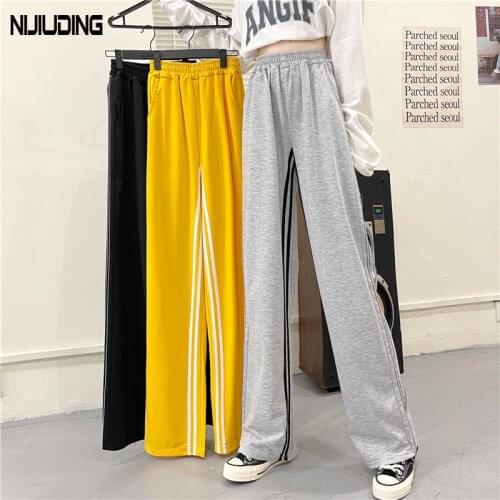 Retro Women Hight Waist Sweaterpants Autumn Side Stripes Loose Wide Leg Pants Female Loose Casual Elastic Waist Long Troulsers