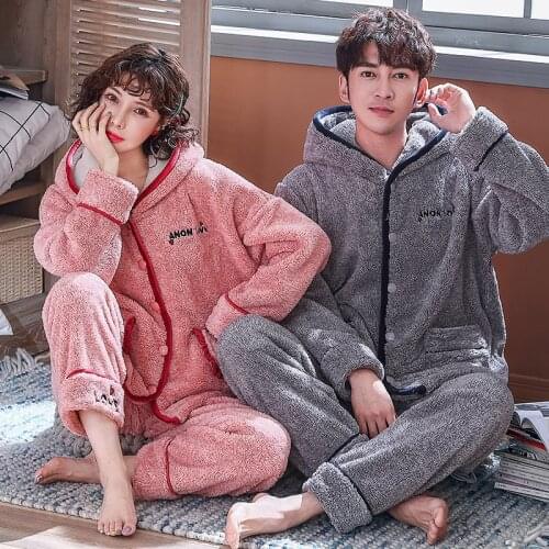 Couple Home Warm hairy dressing gown Coral Velvet Thick Warm Winter Bathrobe Cute embroidery Hooded Bath Robes pajamas twinset