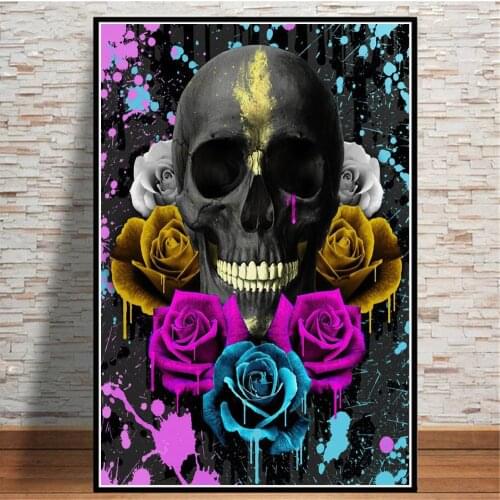 Colourful Flower With Gray Skull Graffiti Canvas Art Poster And Prints Wall Painting For Living Room Cuadros Home Decoration
