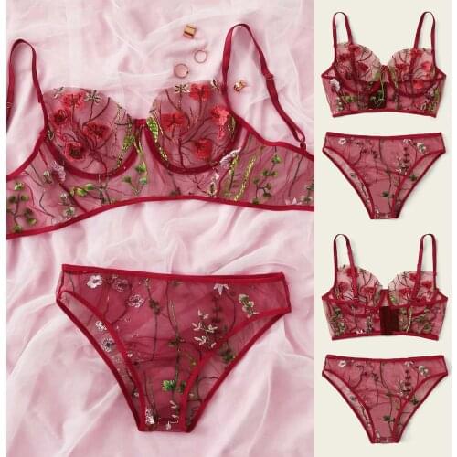 Flower Lace Embroidery Underwea Set Summer Women See Through Lingerie+ Thong Deep V-Neck Camisole Pajama Sets Backless Sleepwear