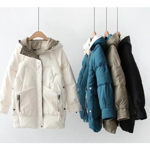 QingWen Women Four-color Hooded Down Cotton Jacket Winter Leisure Zipper Thickening Korean Harajuku Loose Long Warm Padded Parka