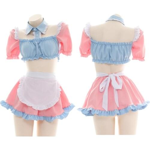 Cute Candy Girl Lolita Pink Blue Maid Dress Anime Princess Cosplay Underwear Set Pajamas Women Sexy Sweet Nightdress Drop Ship