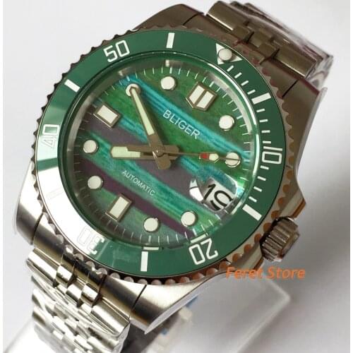 Bliger New 40mm Mens Watch NH35 Green Dial Date Sapphire Stainless strap Automatic Movement Luminous Wristwatch