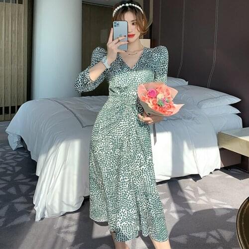 New Fashion Spring Midi Party Dress Ladies OL Elegant Casual Retro Puff Sleeve Print Floral Vacation Clothes Beach Holiday Dress