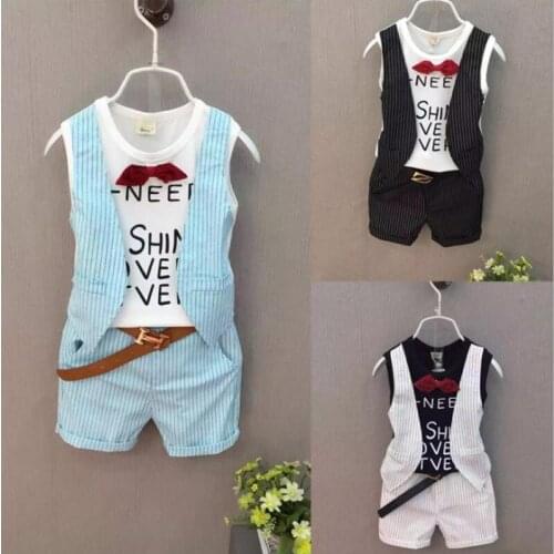 New childrens suit mens summer clothes pure cotton fashion striped fake two-piece middle and small childrens T-shirt shorts