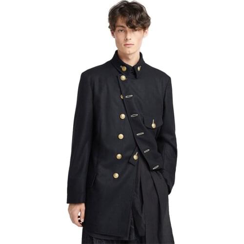 Gold button single breasted military uniform black Italian mens suit loose large coat fashion