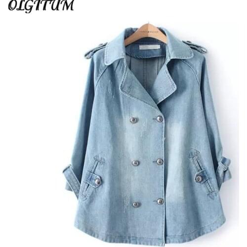 Autumn Winter new women Plus Size Denim Jacket Women Outwear 3/4 Sleeve Turn-down Collar coat Double Breasted loose denim Coat