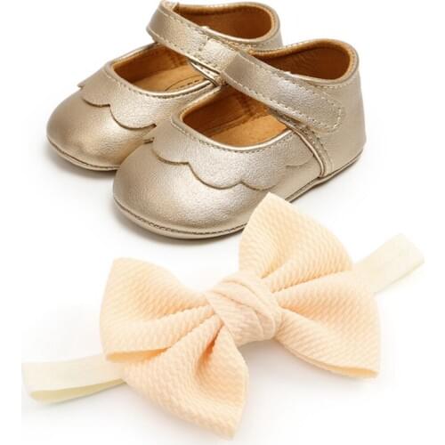 Fall Baby Girl Princess Shoes Lovely Moccasins Infant Girls PU Leather Anti-slip Headband Two-pieces Set 0-18M