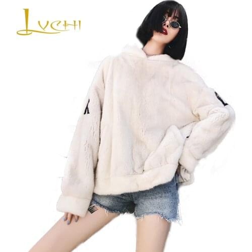 LVCHI Winter 2019 Import Mink Fur Coat Womens With Hat Fur Hood Full Sleeve Medium Jacket head English Letter Mink Fur Coats