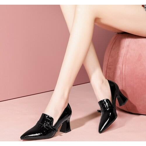 Osunlina Woman‘s Pumps Pointed Toe Black Wine Red Patent Leather High Square Heels Slip On Footwear Quality Handmade Shoes New