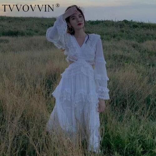 TVVOVVIN 2020 Autumn New High Waist Sexy White Holiday White Fairy Palace Mesh Lace Elegant Long Dress Dresses B1ZN