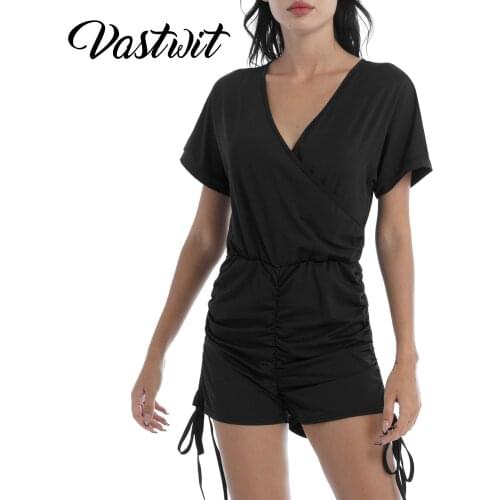 Women Summer Casual Jumpsuit Short Sleeves Side Drawstring Shorts Jumpsuit Bodysuit