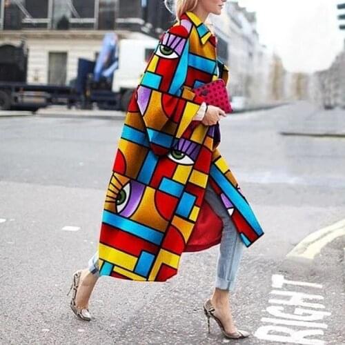 Urifens Abrigos Mujer Invierno 2021 Fashion Geometric Print Loose Long Coat Women Casual Street Flare Sleeve Trench Coat LN05U