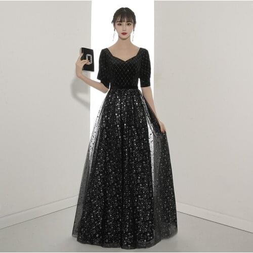 Black V-Neck Evening Dress Sequins A-Line Pleat Elegant Zipper Back Half Sleeves New Floor-Length Woman Formal Party Gowns A1395