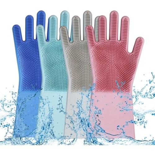1 Pair Magic Silicone Rubber Dish Washing Gloves Scrubber Cleaning Multipurpose Sponge For Kitchen Bathroom Bedroom Hair Care