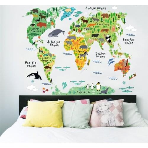 1PC Cartoon Animal World Map Wall Sticker For Bedroom Living Room Study Children Learning kindergarten wall decals Home Decor