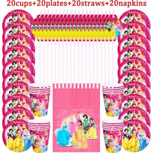 80Pcs Cartoon Disney Six Princess Disposable Tableware Kids Birthday Party Decoration Paper Plate+Cup+Napkin+Straws Supplies