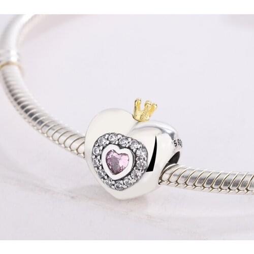 925 Sterling Silver Crown Princess Heart Charms Beads Pink CZ Zircon Pendant Charm Bracelet DIY Jewelry Making For Pandora