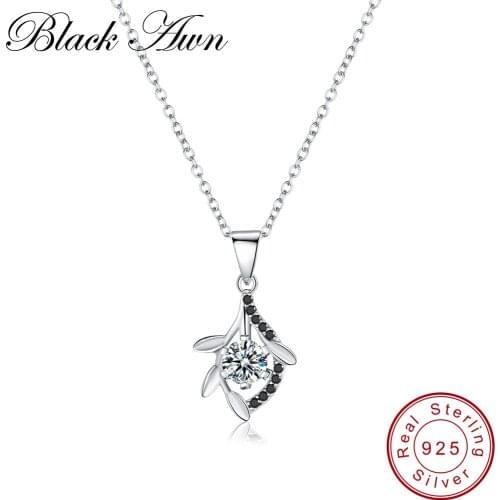 [BLACK AWN]Classic 100% Genuin 925 Sterling Silver Fine Jewelry White Flower Engagement Necklaces Pendants for Women P144