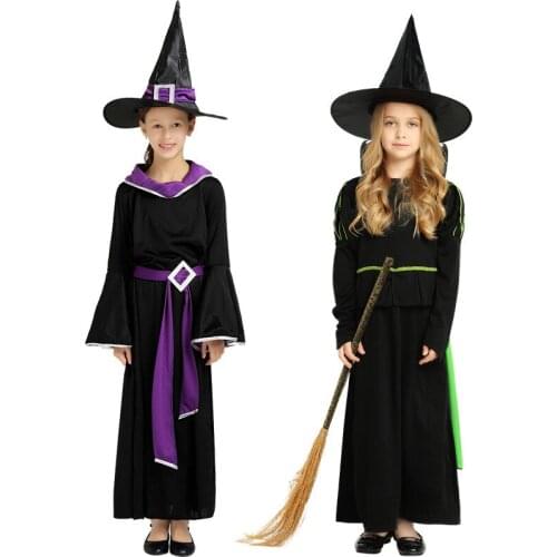Children Carnival Witch Costume For Girl Childrens Day Witch Princess Costumes Black Witch Cosplay Dress with Hat