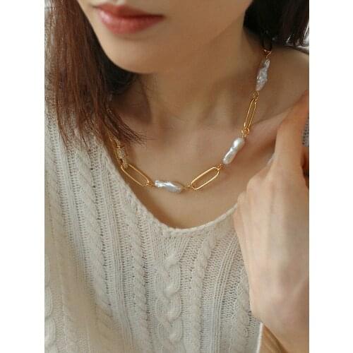 Women full paper clip mutural baroque pearl necklace gold plated choker
