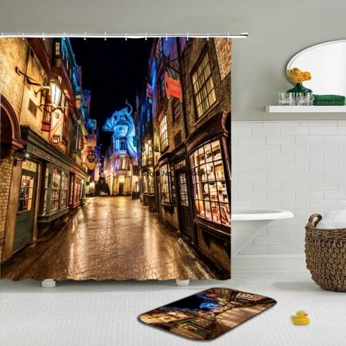 Magic World HARRY Movie Shower Curtain Set Diagon Alley Decor Night Street Decor Kids Child The Film Floor Mat Bath Curtain Set