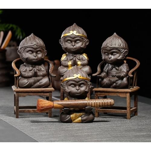 Hot Monkey King Purple Clay Tea Pet Penholder Golden Hoop Creative Monkey Golden Hood Rod Ceramic Car Decoration Home Tea Set