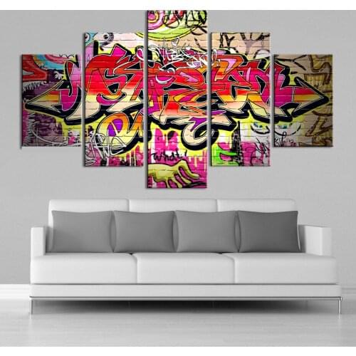 Framed Islamic Graffiti Calligraphy Wall Art 5 Pieces Canvas Print Paintings Islamic Posters Wall Art Pictures Living Room Decor