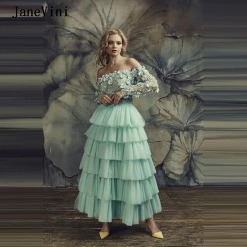 JaneVini 2020 Charming A Line Plus Size Prom Dresses Long Sleves Lace 3D Flowers Beaded Tulle Ankle Length Womens Dress for Prom