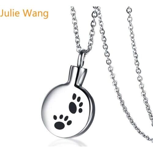 Julie Wang Women Stainless Steel Paw Footprint Necklace Urn Pendant Keepsake Ashes Memorial Pet Cremation Fashion Jewelry