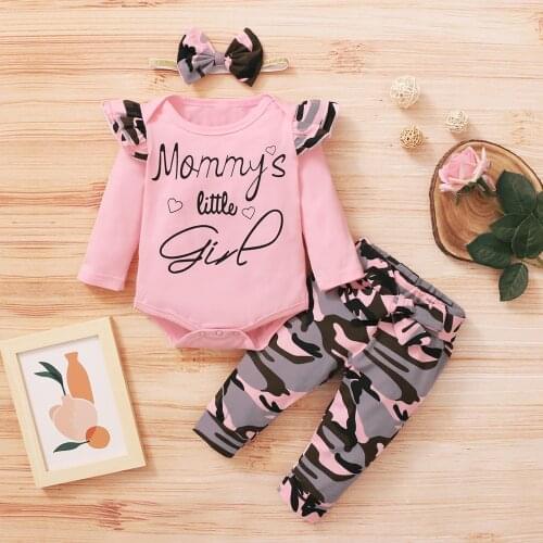 3pcs Baby Girls Clothes Set Newborn Infant Baby Letters Print Long Sleeve Romper Bodysuit Camouflage Print Pants Headband Set