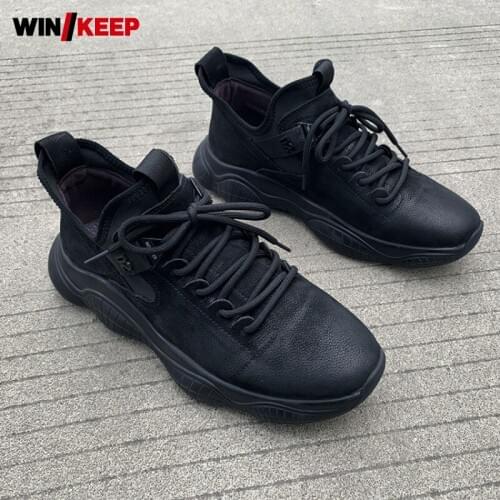 Mens Genuine Leather Sports Shoes Lace Up Thick Platform Running Shoes Training Sneakers Male Outdoor Jogging Footwear Sneakers