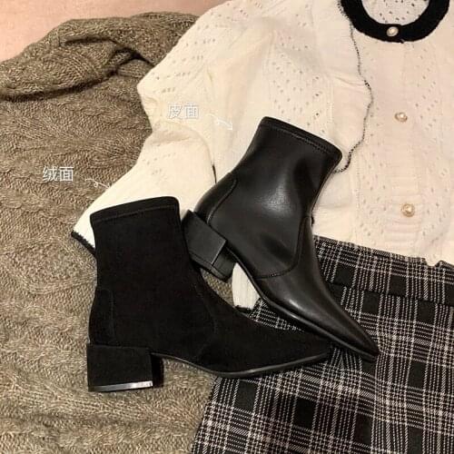 Fall 2021 new square toe and square heel stretch ankle boots for womens socks and bare boots