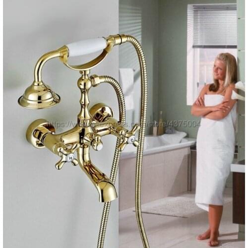 Luxury Gold Color Brass Tub Faucet Wall Mounted Mixer Tap Ceramic Handles With Hand Shower Ntf134
