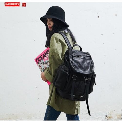 Womens Backpack Laptop Bag Multi-pocket Large Capacity Backpack Female Hiking Travel Backpacks The First Layer Cowhide Original