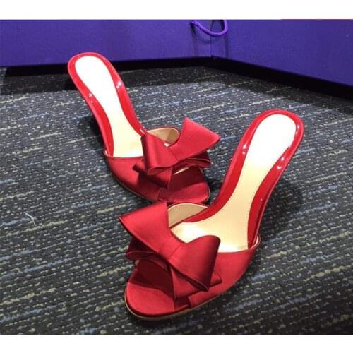 Womens Bowknot Open Toe High Stilettos Heel Slip On Mules Slipper Shoes Sandals Satin Silk Plus Size 3Colors