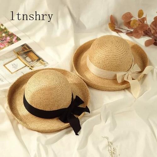 2019 Summer Female womens Bow Hat Wide Brim Floppy Sun Hat Wide side Dome Beach Women Hat Raffia Protect Travel Casual Caps