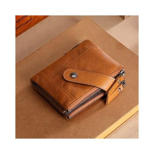 [sinor]Double zipper short mens wallet leather zipper buckle antimagnetic coin coin clutch oil wax wallet S23