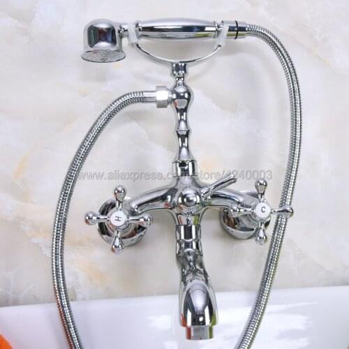 Bathtub Faucet Brass Chrome Silver Wall Mounted Rain Shower Faucet Round Handheld 2 Handle Luxury Bathroom Mixer Tap Set Kna198