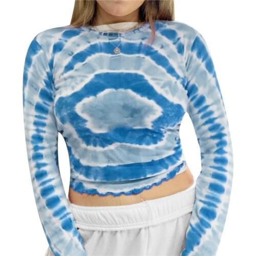Tie Dye Printed Crop Top Y2K Aesthetic Long Sleeve T Shirt O Neck Pullovers Retro Cute Tshirt Women Autumn Winter Harajuku Top