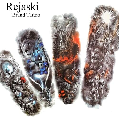 3D Black Warrior Men Full Arm Temporary Tattoos For Women Large Big Body Art Arm Tattoo Sticker Sexy Girl Lion Tatoo Paper