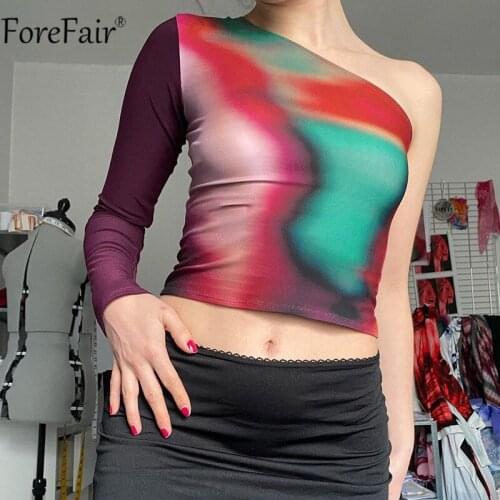 Forefair Tie Dye Print Sexy T Shirts Women One Shoulder Long Sleeve Off Shoulder Fashion Autumn 2021 Casual Vintage Crop Top