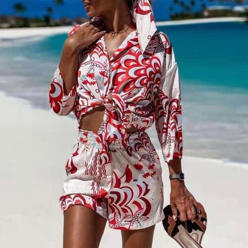 Vintage Totem Floral Print Women Shirt Hot Shorts Casual Sets 2021 Spring Summer Single Breasted Chic Female Clothes Streetwear