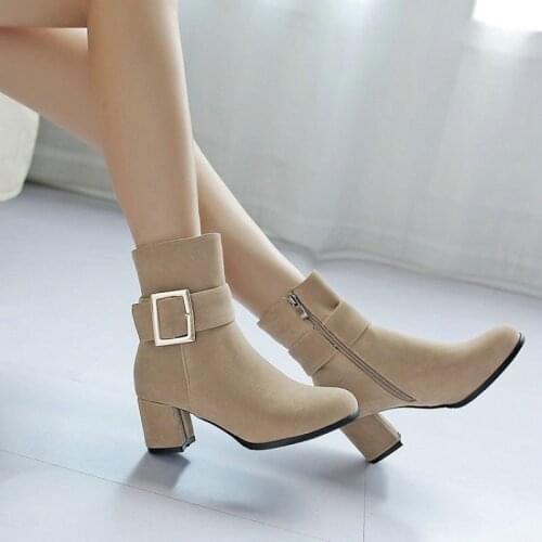 ZawsThia Mature Female Winter Spring Shoes Beige Khaki Black Block High Heeled Buckle Strap Womens Ankle Boots Large Size 33-43