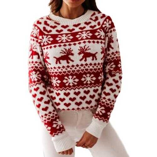 Female Xmas Knitted Sweaters Ladies' Floral Printed Pullover Sweater Round Neck Long Sleeve Sweater Womens Festival Clothing