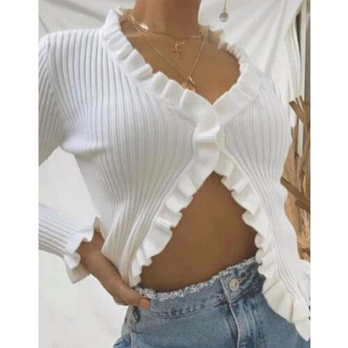 Women White Knitted Cardigan Autumn White Cropped Sweater Ruffles Elegant Cropped Cardigan v-neck sexy autumn streetwear sweater