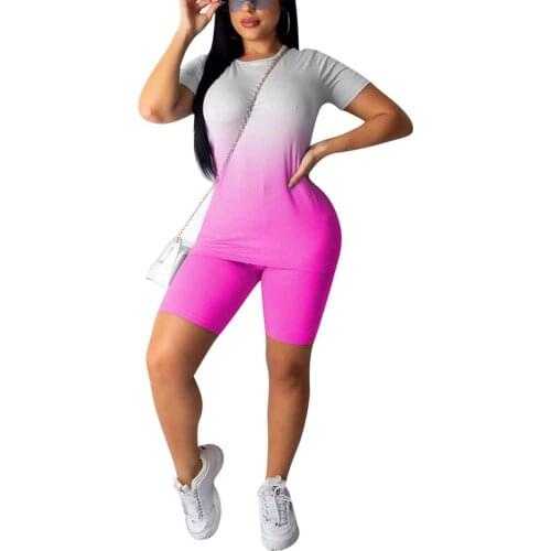 Women 2Pcs Casaul Set Gradient Pattern Short Sleeve Round Neck Slim Top High Waist Elastic Stretchy Shorts Tracksuit Set